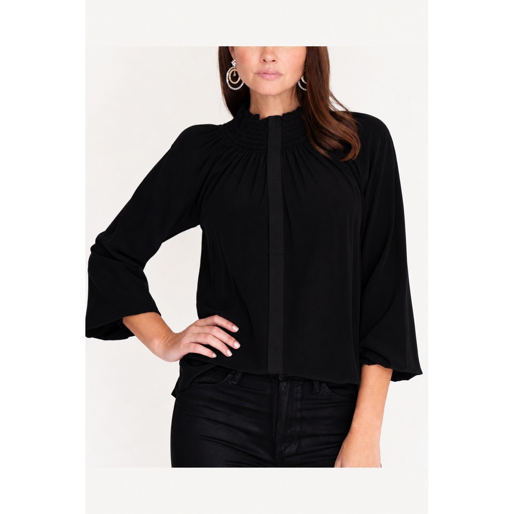 Rungolee Brooklyn Full Sleeve Blouse Black Smocked Mock Neck Silk Pullover M